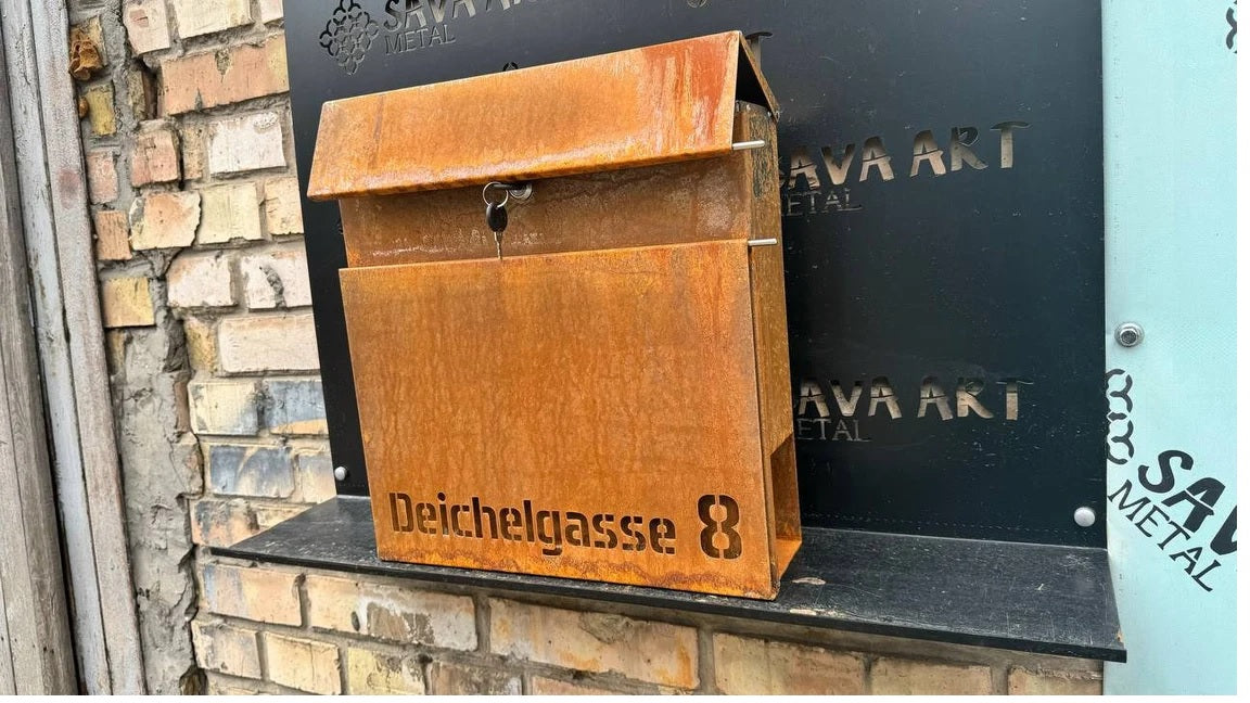 Maßgefertigter, individuell angefertigter Wandbriefkasten aus Cortenstahl