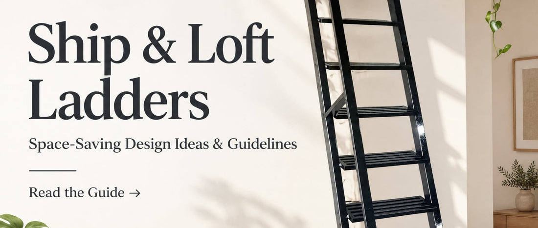 Custom steel ship and loft ladder leading to a mezzanine