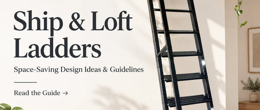 Custom steel ship and loft ladder leading to a mezzanine