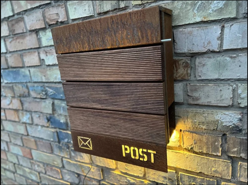 Cortenstahl / wetterfester Stahl + Merbauholz, personalisierter LED-Wandbriefkasten