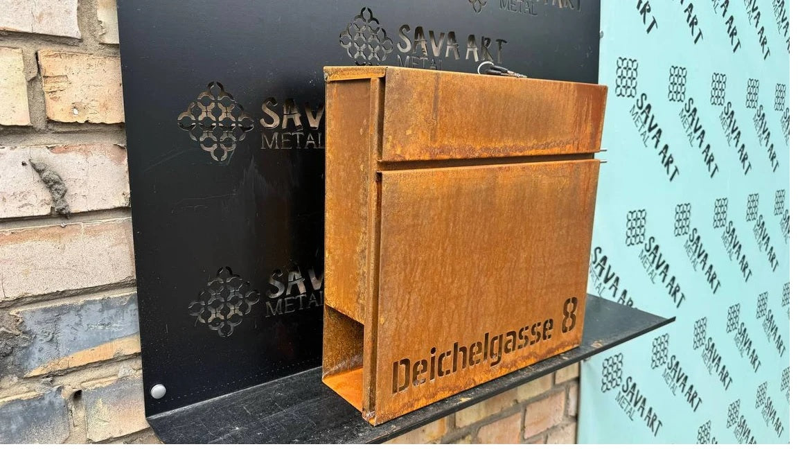 Maßgefertigter, individuell angefertigter Wandbriefkasten aus Cortenstahl