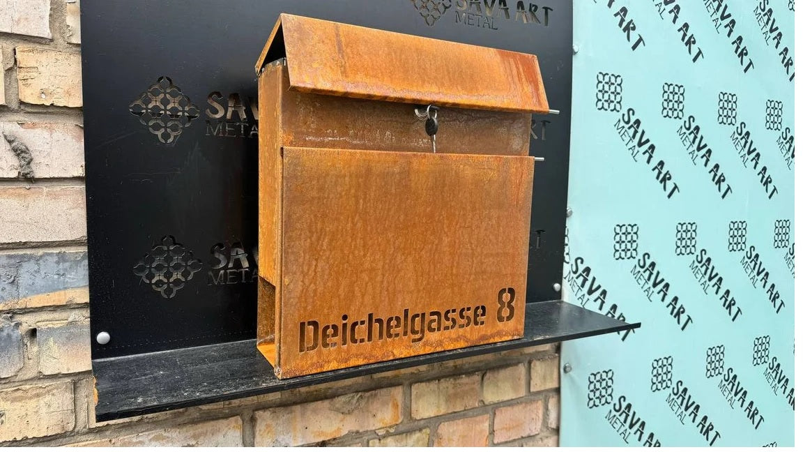 Maßgefertigter, individuell angefertigter Wandbriefkasten aus Cortenstahl