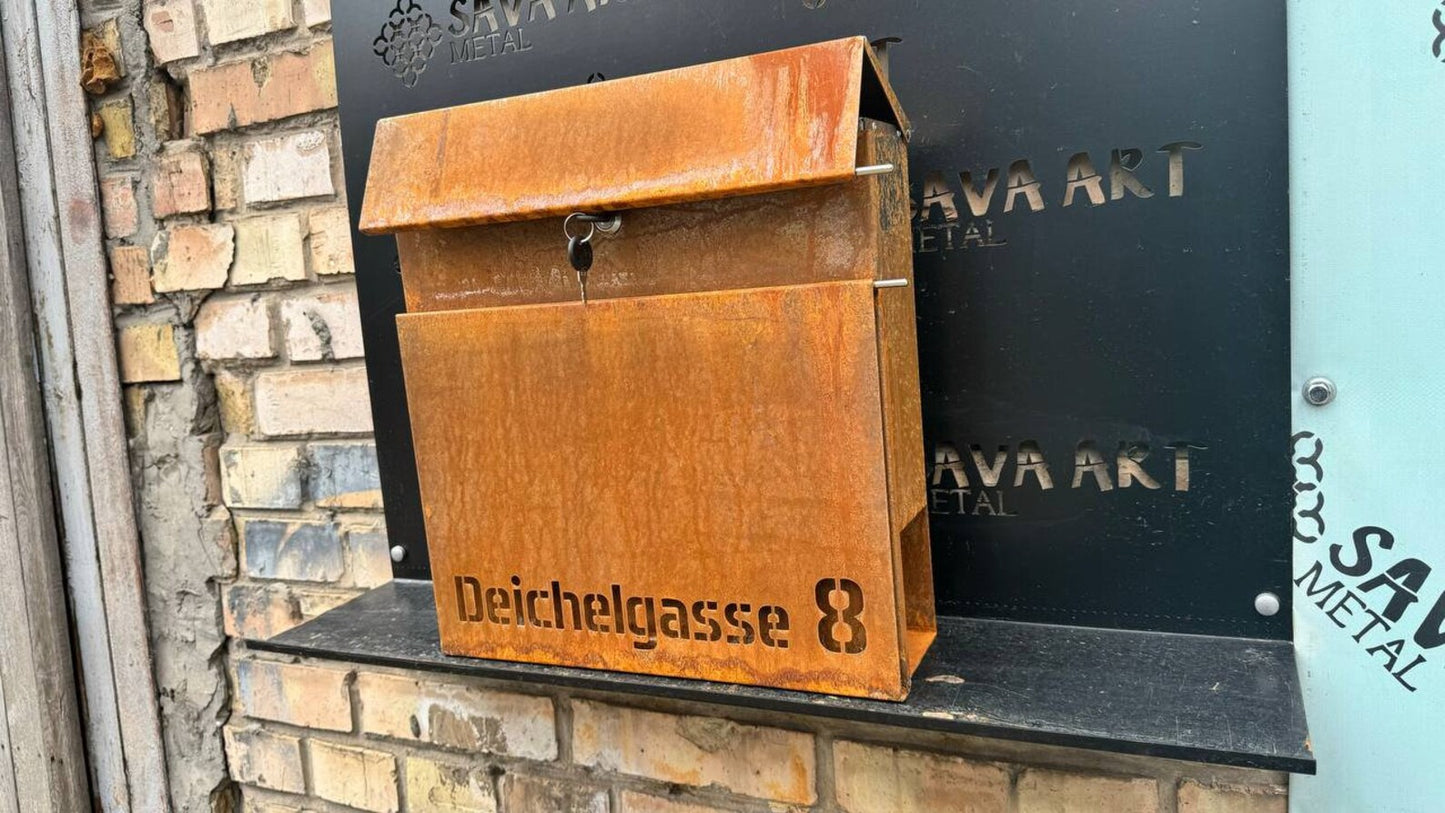 Maßgefertigter, individuell angefertigter Wandbriefkasten aus Cortenstahl